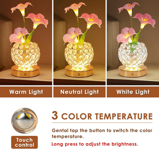 Pink Morning Glory Flowers Table Lamp, Rechargeable Cordless Touch Artificial Flower Crystal Lamp, Kitchen Bedroom Office Decor House Night Light, Birthday Gifts for Women Mom