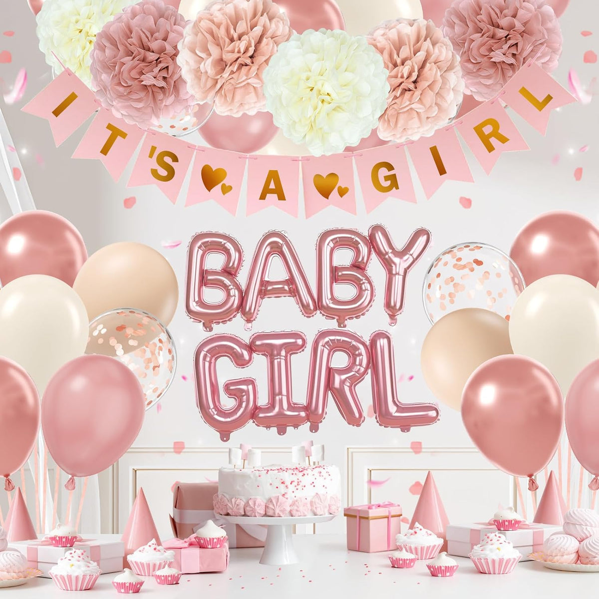 Pink Baby Shower Decorations with Ivory Paper Pom Poms