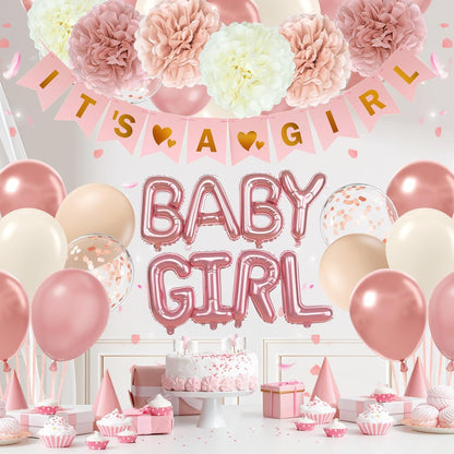 Pink Baby Shower Decorations with Ivory Paper Pom Poms