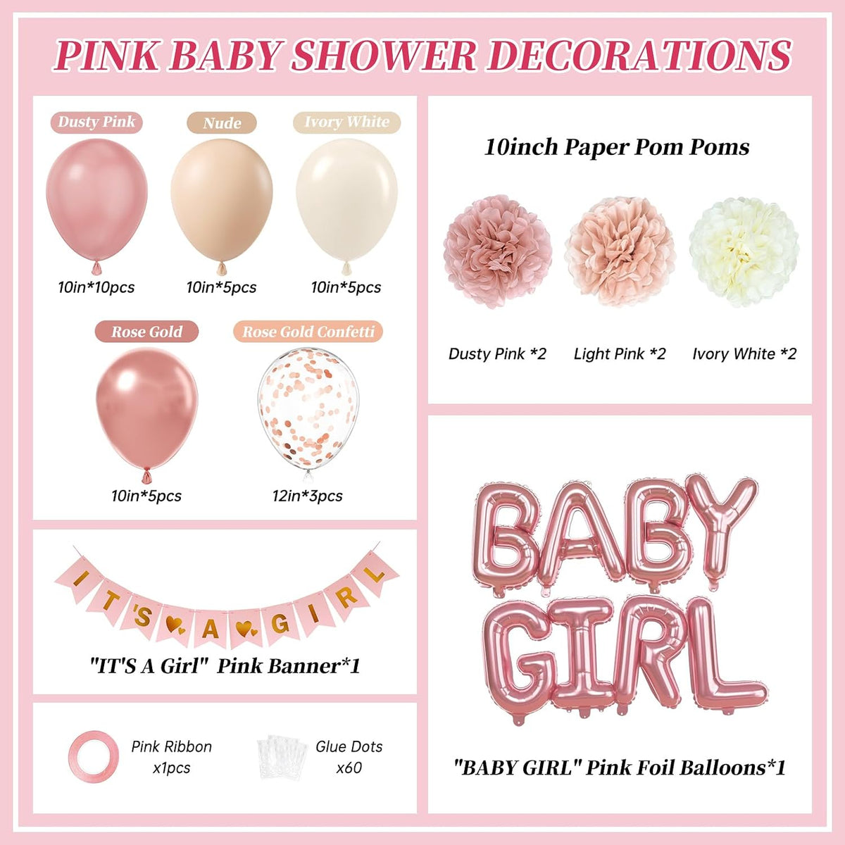 Pink Baby Shower Decorations with Ivory Paper Pom Poms