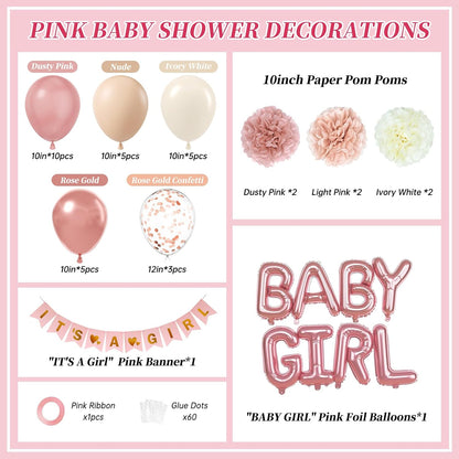Pink Baby Shower Decorations with Ivory Paper Pom Poms