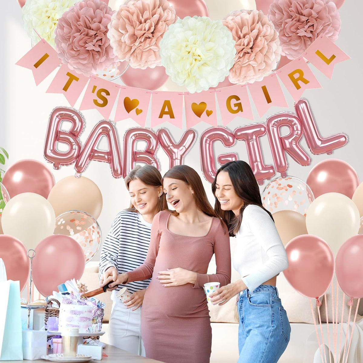 Pink Baby Shower Decorations with Ivory Paper Pom Poms