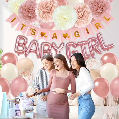Pink Baby Shower Decorations with Ivory Paper Pom Poms