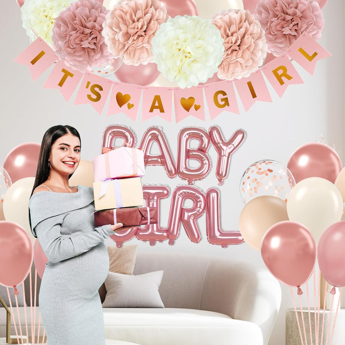 Pink Baby Shower Decorations with Ivory Paper Pom Poms