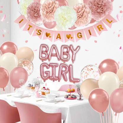 Pink Baby Shower Decorations with Ivory Paper Pom Poms