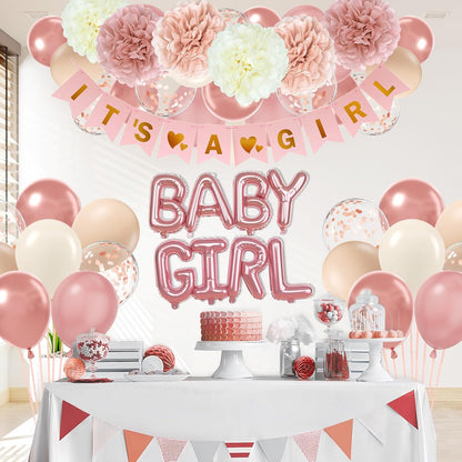 Pink Baby Shower Decorations with Ivory Paper Pom Poms