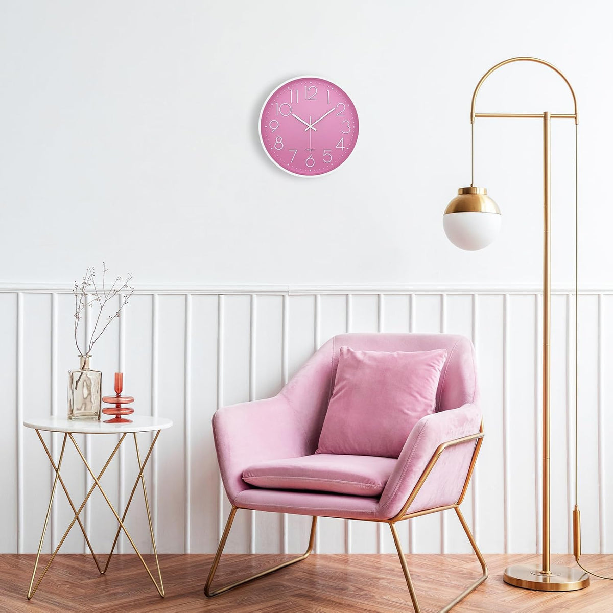 Modern Wall Clock for Living Room Decor, 14 Inch Large Wall Clock Silent Battery Operated, Classic Pink Round Analog Clock for Bedroom, Kitchen, Office, Bathroom, Outdoor Patio, Pool