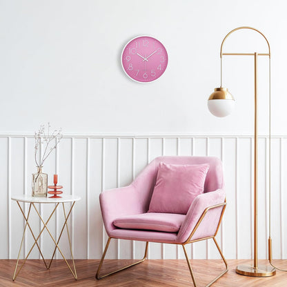Modern Wall Clock for Living Room Decor, 14 Inch Large Wall Clock Silent Battery Operated, Classic Pink Round Analog Clock for Bedroom, Kitchen, Office, Bathroom, Outdoor Patio, Pool