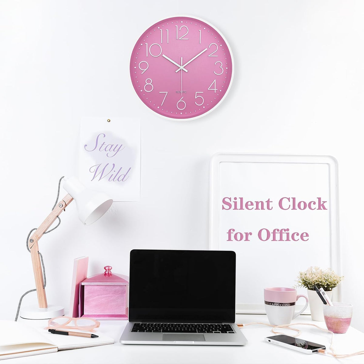 Modern Wall Clock for Living Room Decor, 14 Inch Large Wall Clock Silent Battery Operated, Classic Pink Round Analog Clock for Bedroom, Kitchen, Office, Bathroom, Outdoor Patio, Pool