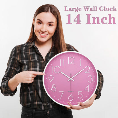 Modern Wall Clock for Living Room Decor, 14 Inch Large Wall Clock Silent Battery Operated, Classic Pink Round Analog Clock for Bedroom, Kitchen, Office, Bathroom, Outdoor Patio, Pool