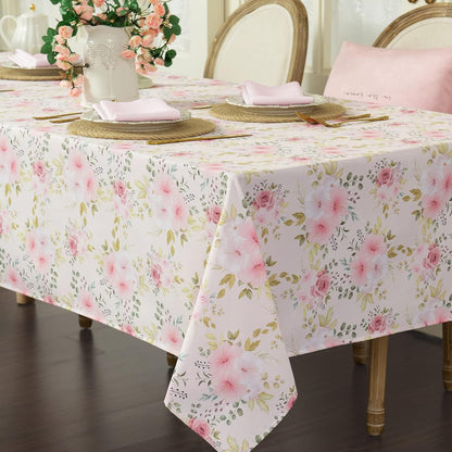 Flower Tablecloth, Pink Floral Table Cloth for Rectangle Tables,Waterproof Resistant Rose Table Cover for Valentines,Parties,Wedding Use Spring/Summer (54 X 78 Inch)