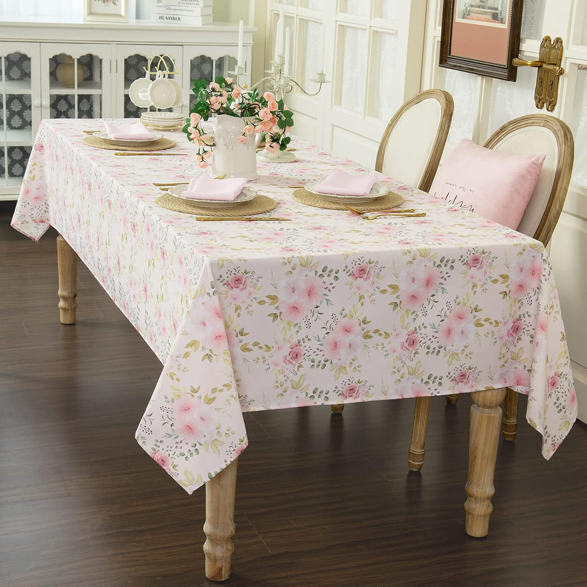 Flower Tablecloth, Pink Floral Table Cloth for Rectangle Tables,Waterproof Resistant Rose Table Cover for Valentines,Parties,Wedding Use Spring/Summer (54 X 78 Inch)