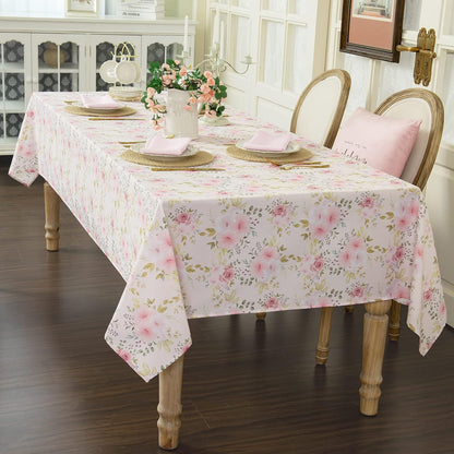 Flower Tablecloth, Pink Floral Table Cloth for Rectangle Tables,Waterproof Resistant Rose Table Cover for Valentines,Parties,Wedding Use Spring/Summer (54 X 78 Inch)