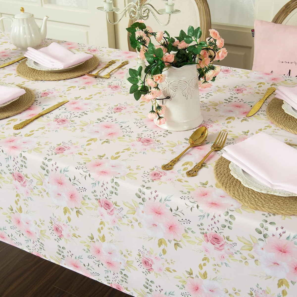 Flower Tablecloth, Pink Floral Table Cloth for Rectangle Tables,Waterproof Resistant Rose Table Cover for Valentines,Parties,Wedding Use Spring/Summer (54 X 78 Inch)