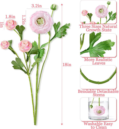 Dolicer Real Touch Ranunculus Artificial Flowers, 18 Inch Fake Peonies Artificial Flowers, Pink Faux Flower for Vase Faux Peony Bulk for Home Table Wedding Bridal Bouquet Decor 8Pcs