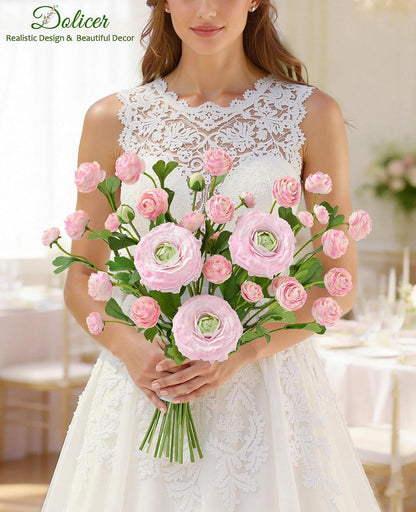 Dolicer Real Touch Ranunculus Artificial Flowers, 18 Inch Fake Peonies Artificial Flowers, Pink Faux Flower for Vase Faux Peony Bulk for Home Table Wedding Bridal Bouquet Decor 8Pcs