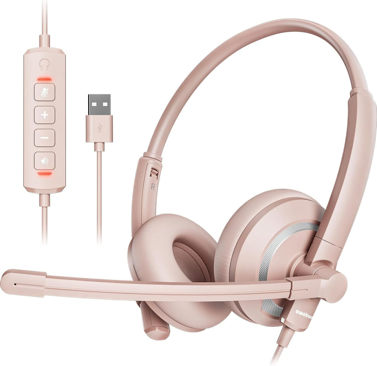 USB Headset with Microphone for PC - Lightweight & Comfortable Pink Computer Headset for Office, Call Center, Remote Work - Includes Carry Pouch (Clear Audio)