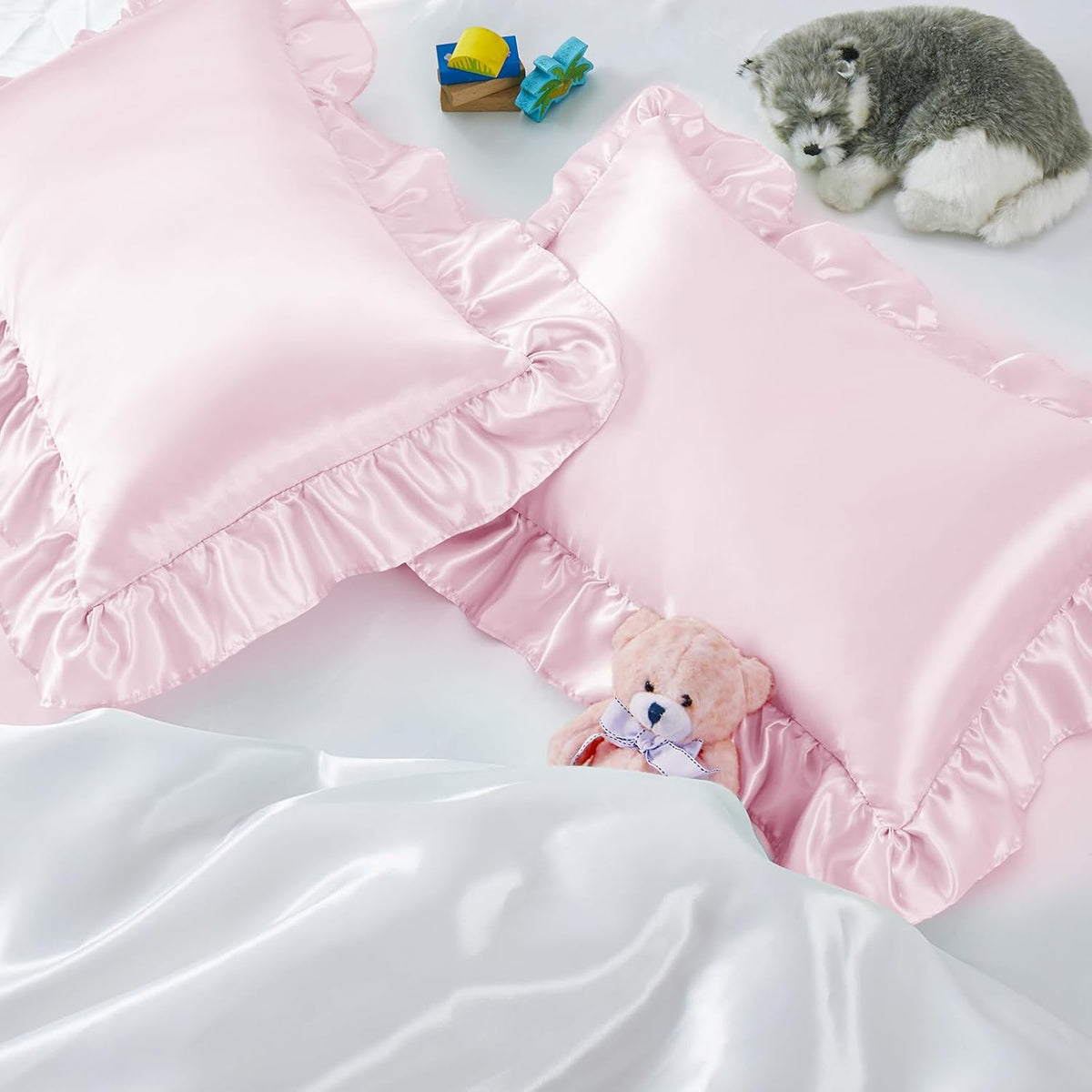 13x18 Ruffle Satin Toddler Pillowcase 2 Pack, Baby Pink