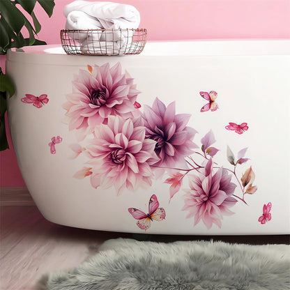 Pink Dahlia Flower Butterfly Wall Stickers Floral Wall Art Decals