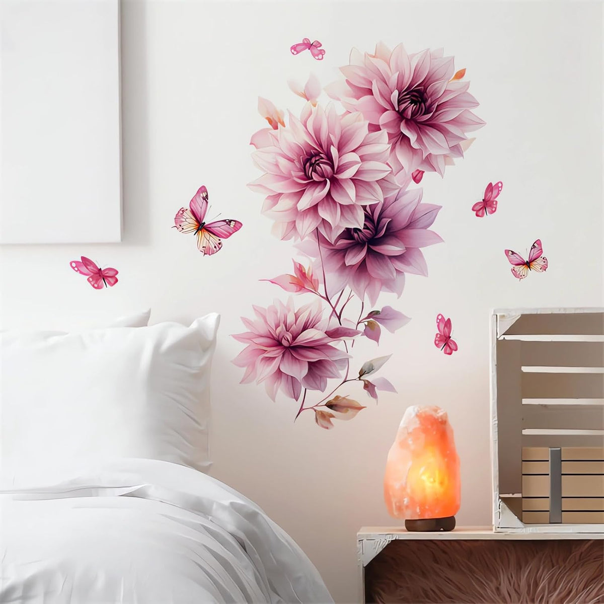 Pink Dahlia Flower Butterfly Wall Stickers Floral Wall Art Decals