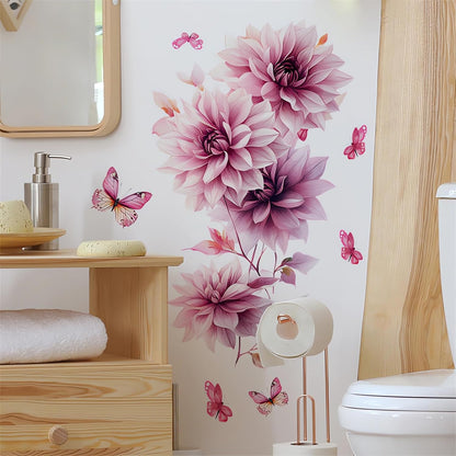 Pink Dahlia Flower Butterfly Wall Stickers Floral Wall Art Decals