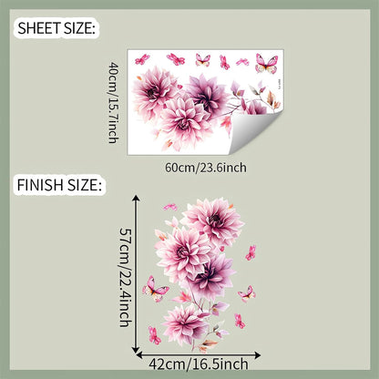 Pink Dahlia Flower Butterfly Wall Stickers Floral Wall Art Decals