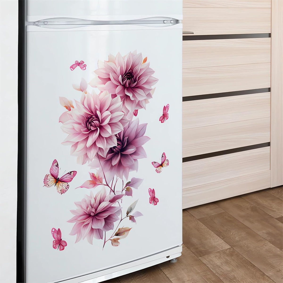 Pink Dahlia Flower Butterfly Wall Stickers Floral Wall Art Decals
