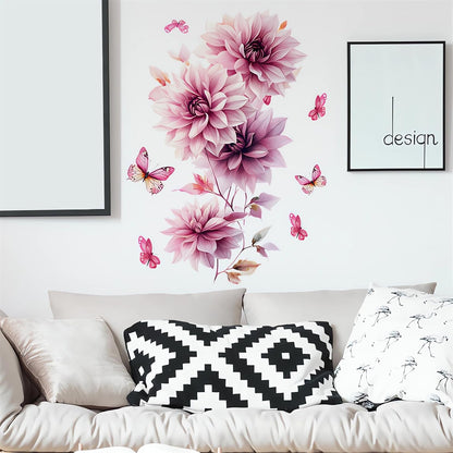 Pink Dahlia Flower Butterfly Wall Stickers Floral Wall Art Decals