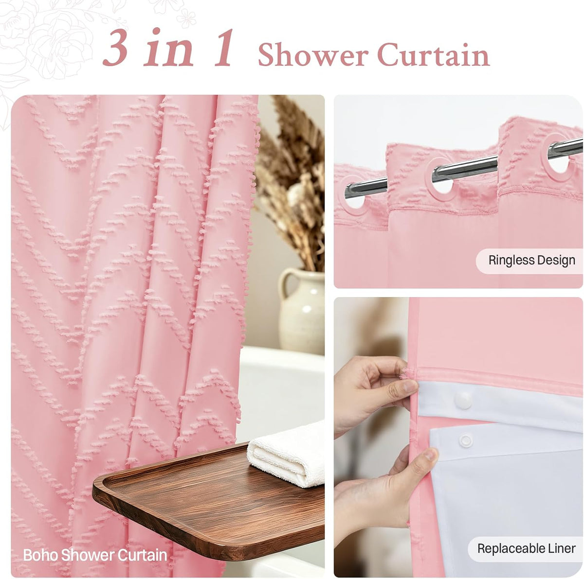 WONICY Ringless Tufted Chevron Shower Curtain with Liner, Pink, 71x80
