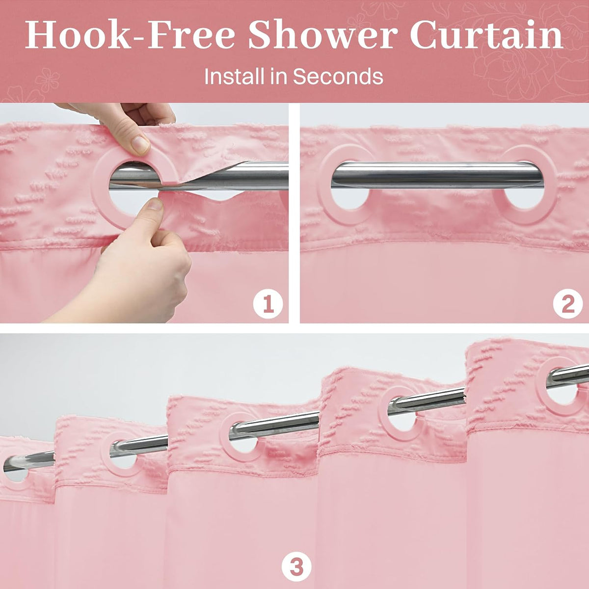 WONICY Ringless Tufted Chevron Shower Curtain with Liner, Pink, 71x80