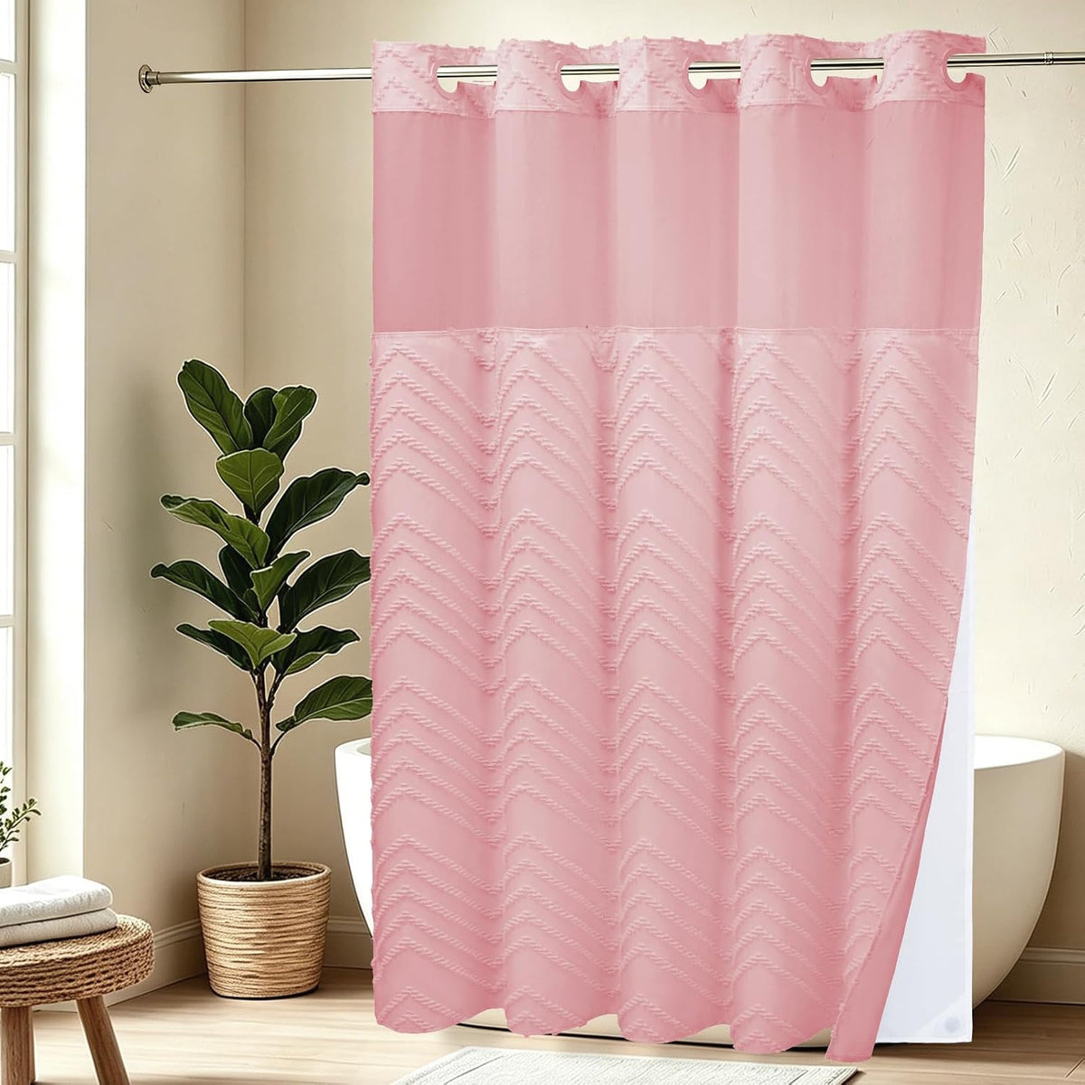 WONICY Ringless Tufted Chevron Shower Curtain with Liner, Pink, 71x80