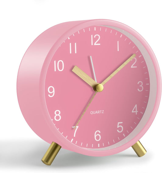Analog Alarm Clock, 4 inch Super Silent Non Ticking Small Clock with Night Light, Battery Operated, Simple Design, Easy Setting for Office, Bedroom, Bedside, Desk, Teens, Elders, Adult, Pink