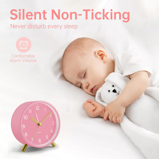 Analog Alarm Clock, 4 inch Super Silent Non Ticking Small Clock with Night Light, Battery Operated, Simple Design, Easy Setting for Office, Bedroom, Bedside, Desk, Teens, Elders, Adult, Pink