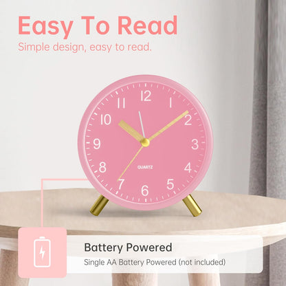Analog Alarm Clock, 4 inch Super Silent Non Ticking Small Clock with Night Light, Battery Operated, Simple Design, Easy Setting for Office, Bedroom, Bedside, Desk, Teens, Elders, Adult, Pink