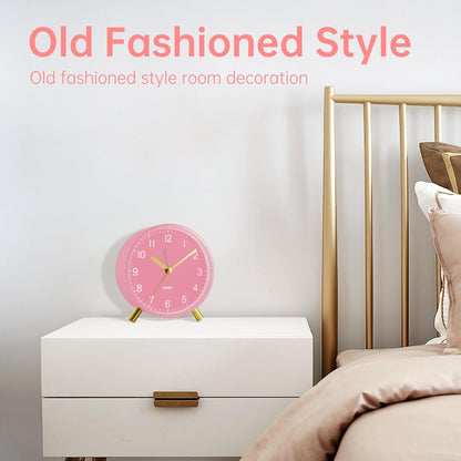 Analog Alarm Clock, 4 inch Super Silent Non Ticking Small Clock with Night Light, Battery Operated, Simple Design, Easy Setting for Office, Bedroom, Bedside, Desk, Teens, Elders, Adult, Pink