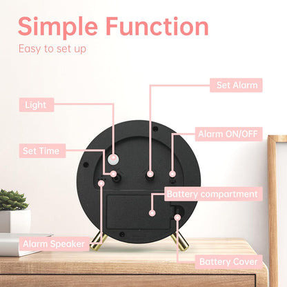 Analog Alarm Clock, 4 inch Super Silent Non Ticking Small Clock with Night Light, Battery Operated, Simple Design, Easy Setting for Office, Bedroom, Bedside, Desk, Teens, Elders, Adult, Pink