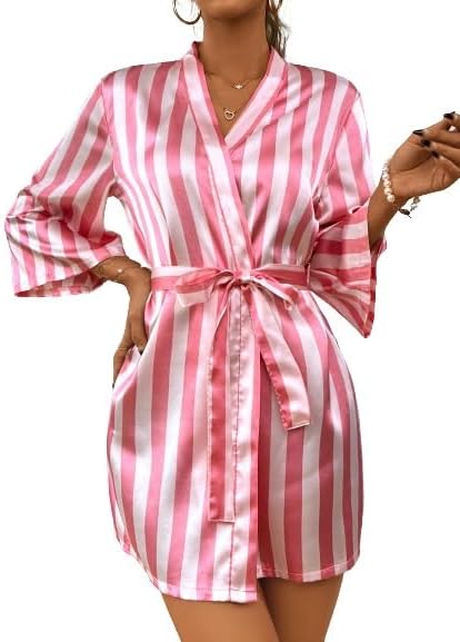 Women's Stripe Print Long Sleeve Silk Satin Kimono Robes Bridesmaid Wedding Party Robe