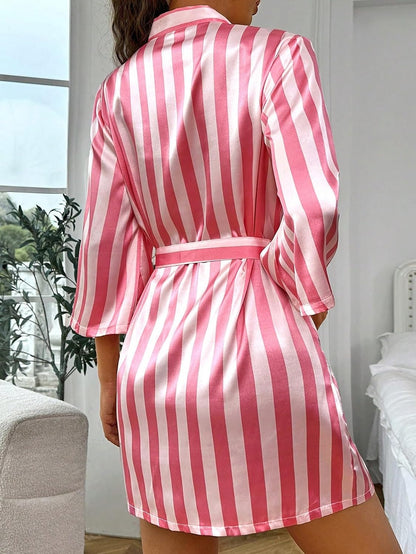 Women's Stripe Print Long Sleeve Silk Satin Kimono Robes Bridesmaid Wedding Party Robe