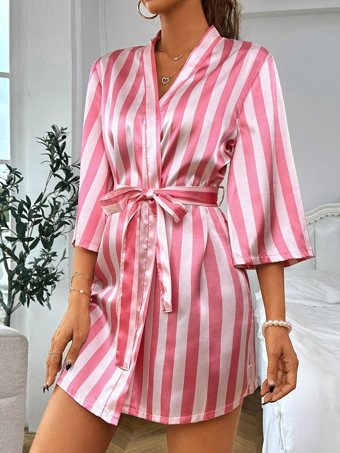 Women's Stripe Print Long Sleeve Silk Satin Kimono Robes Bridesmaid Wedding Party Robe