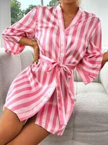 Women's Stripe Print Long Sleeve Silk Satin Kimono Robes Bridesmaid Wedding Party Robe
