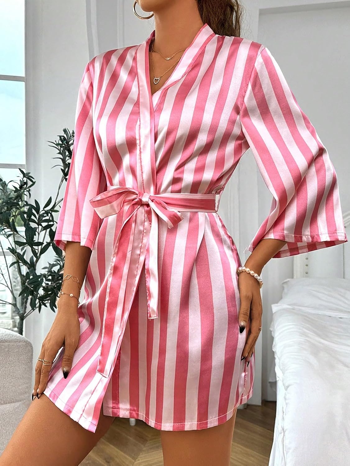 Women's Stripe Print Long Sleeve Silk Satin Kimono Robes Bridesmaid Wedding Party Robe