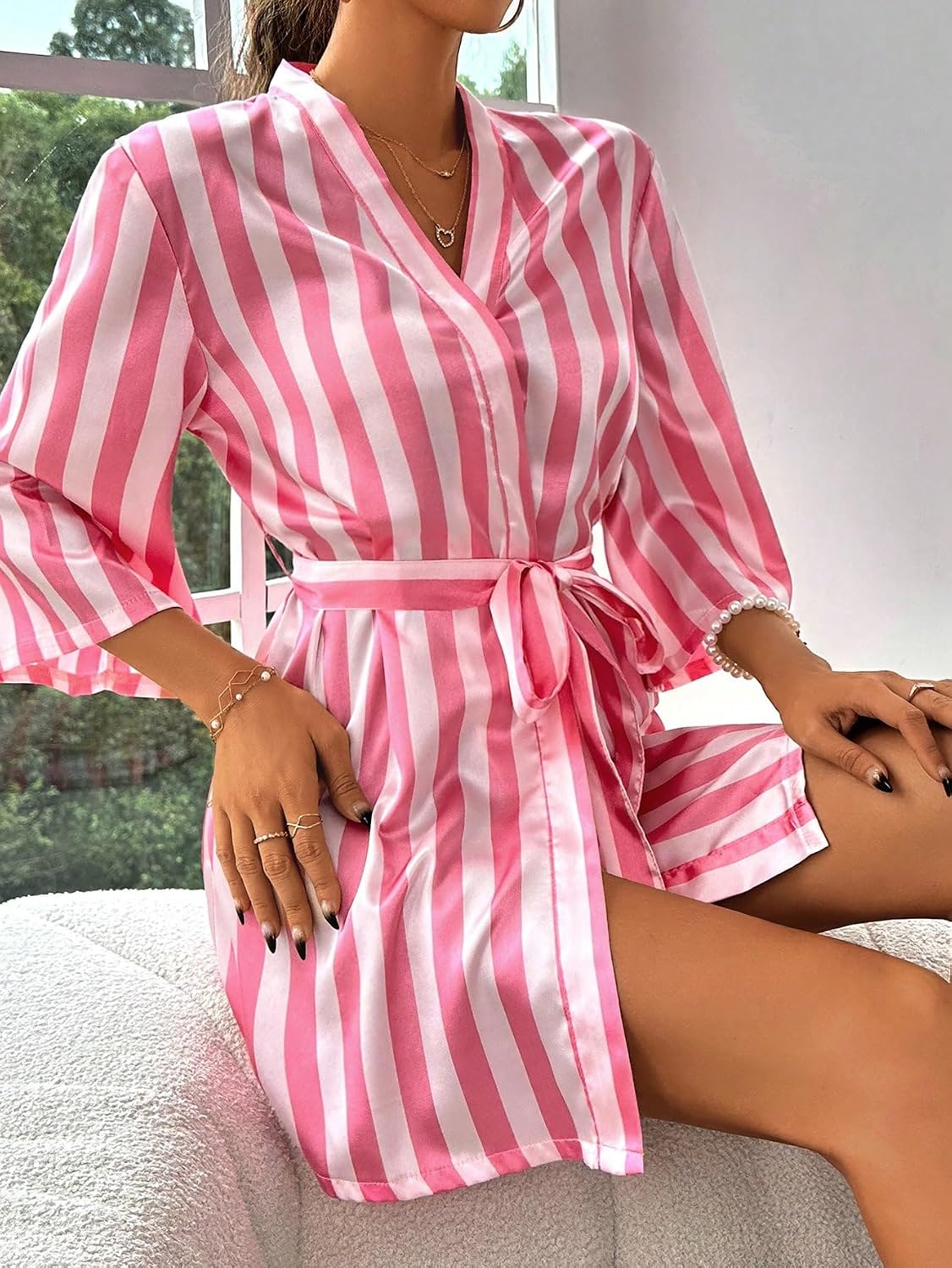 Women's Stripe Print Long Sleeve Silk Satin Kimono Robes Bridesmaid Wedding Party Robe