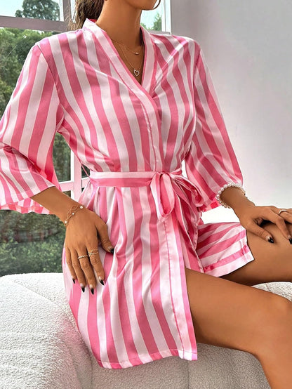 Women's Stripe Print Long Sleeve Silk Satin Kimono Robes Bridesmaid Wedding Party Robe