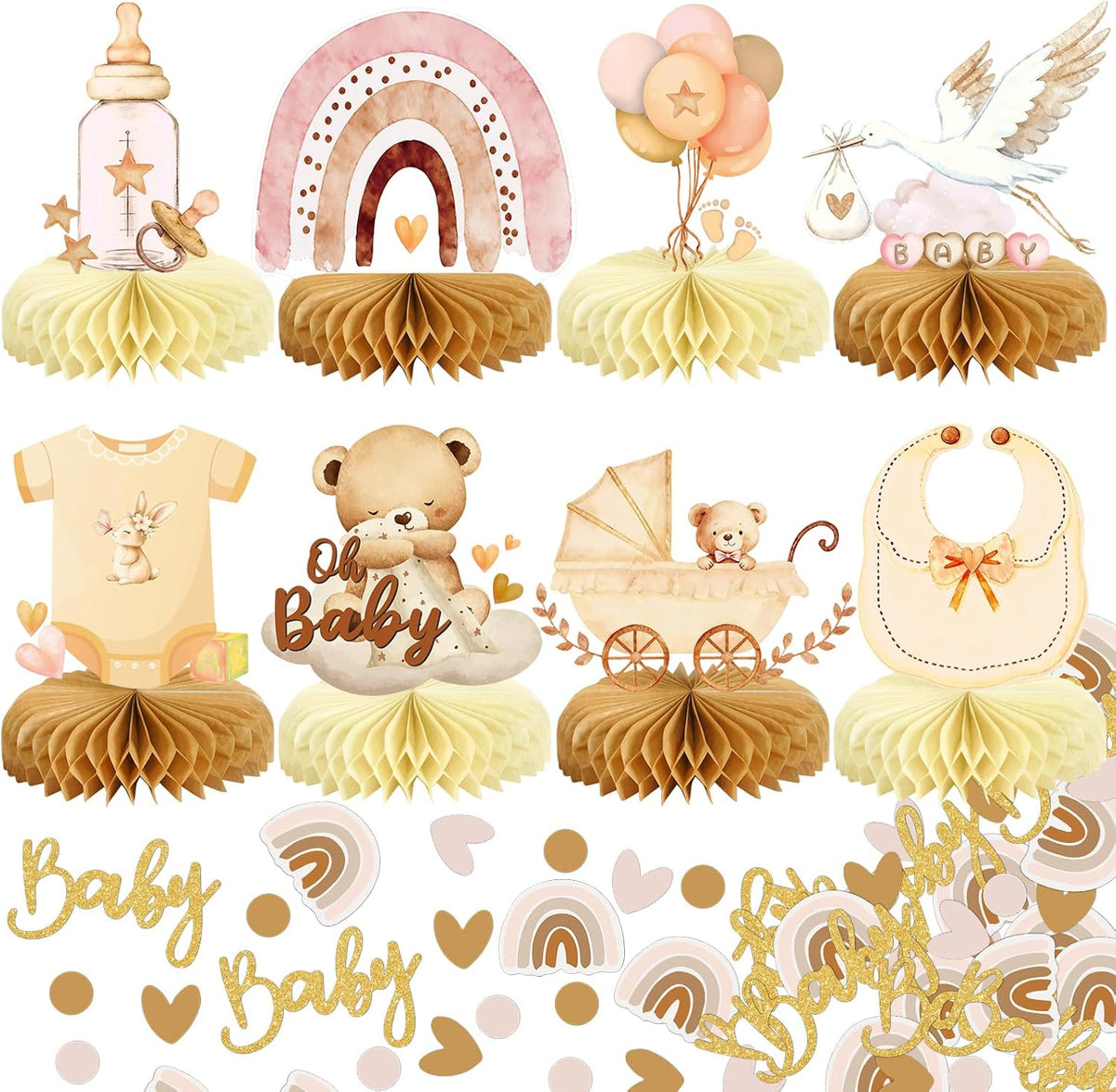 8Pcs Bear Baby Shower Decorations Honeycomb Centerpieces for Girl, Confetti Baby Shower Table Decorations Birthday Party Table Centerpieces Toppers Party Decor (Pink)