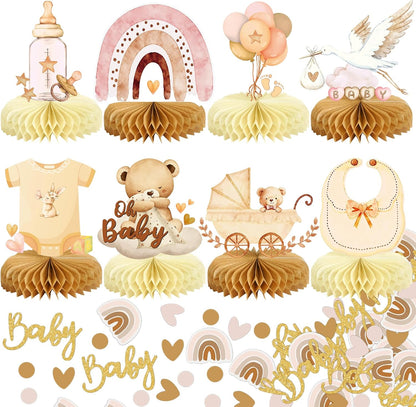 8Pcs Bear Baby Shower Decorations Honeycomb Centerpieces for Girl, Confetti Baby Shower Table Decorations Birthday Party Table Centerpieces Toppers Party Decor (Pink)