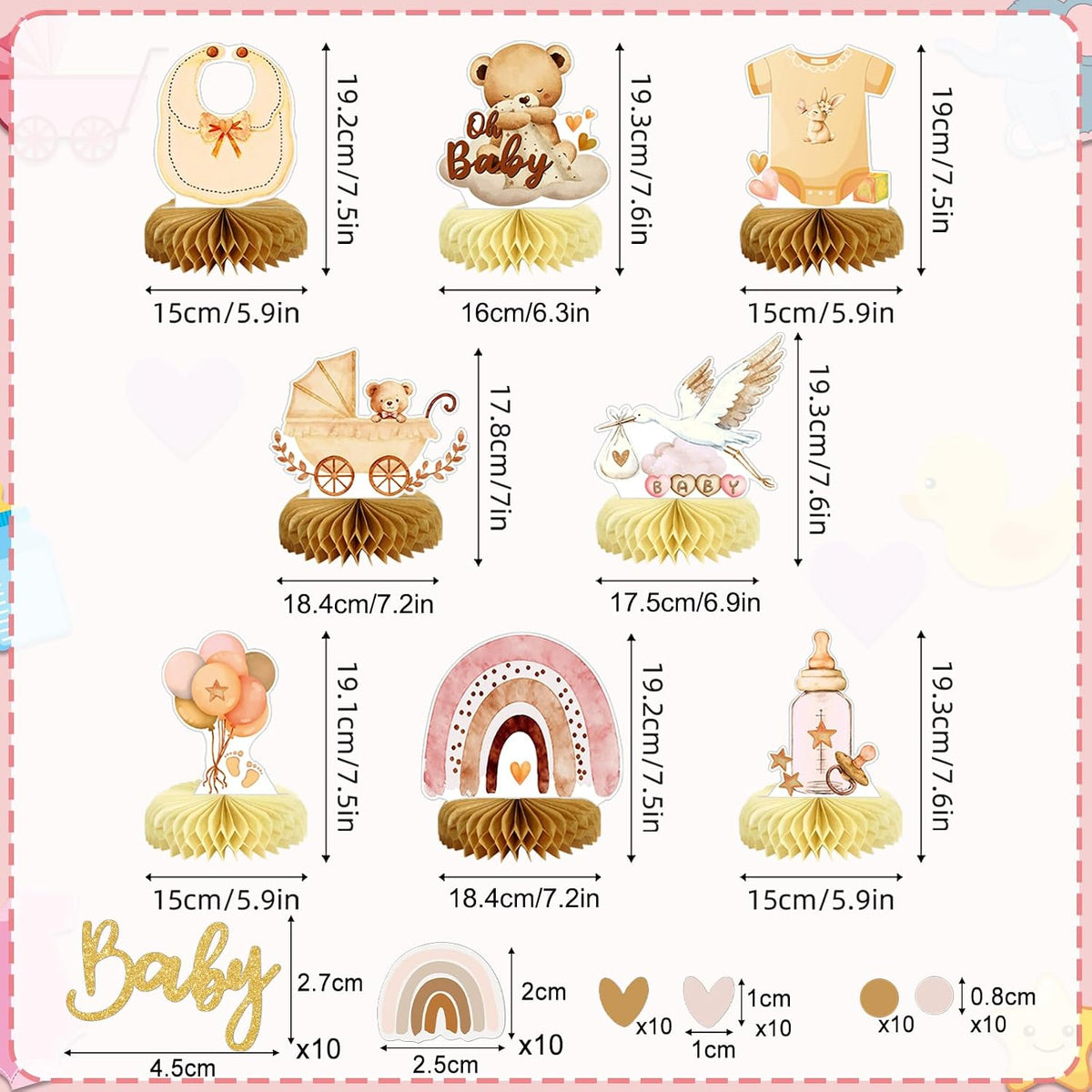 8Pcs Bear Baby Shower Decorations Honeycomb Centerpieces for Girl, Confetti Baby Shower Table Decorations Birthday Party Table Centerpieces Toppers Party Decor (Pink)