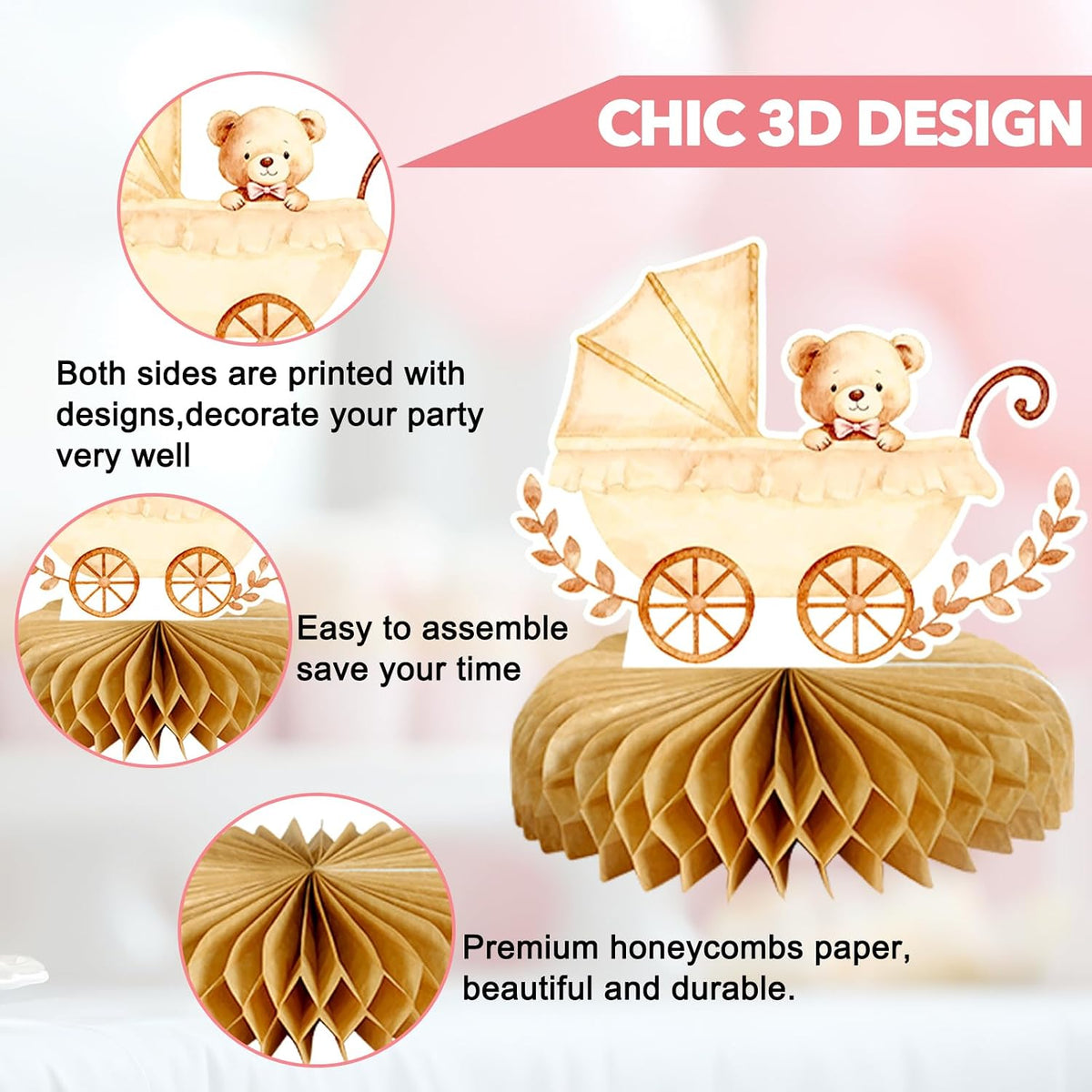 8Pcs Bear Baby Shower Decorations Honeycomb Centerpieces for Girl, Confetti Baby Shower Table Decorations Birthday Party Table Centerpieces Toppers Party Decor (Pink)