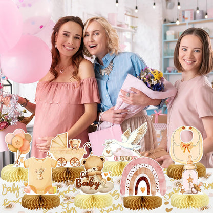 8Pcs Bear Baby Shower Decorations Honeycomb Centerpieces for Girl, Confetti Baby Shower Table Decorations Birthday Party Table Centerpieces Toppers Party Decor (Pink)