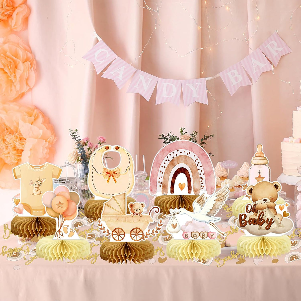 8Pcs Bear Baby Shower Decorations Honeycomb Centerpieces for Girl, Confetti Baby Shower Table Decorations Birthday Party Table Centerpieces Toppers Party Decor (Pink)