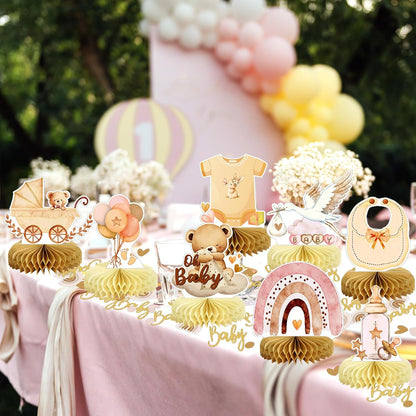 8Pcs Bear Baby Shower Decorations Honeycomb Centerpieces for Girl, Confetti Baby Shower Table Decorations Birthday Party Table Centerpieces Toppers Party Decor (Pink)